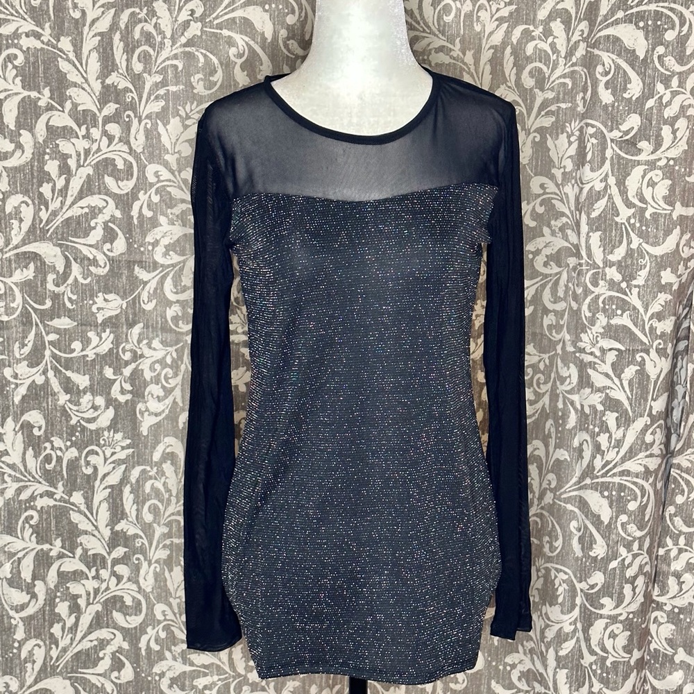 Black Mesh Silver Metallic Long Sleeve Top XS
